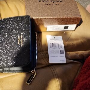 Kate Spade Black Glitter Wallet with Gold Details